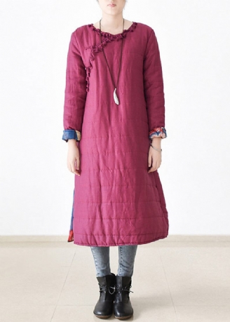 Chic Rose O-hals Knap Side Åben Tyk Linned Lang Parka Witner