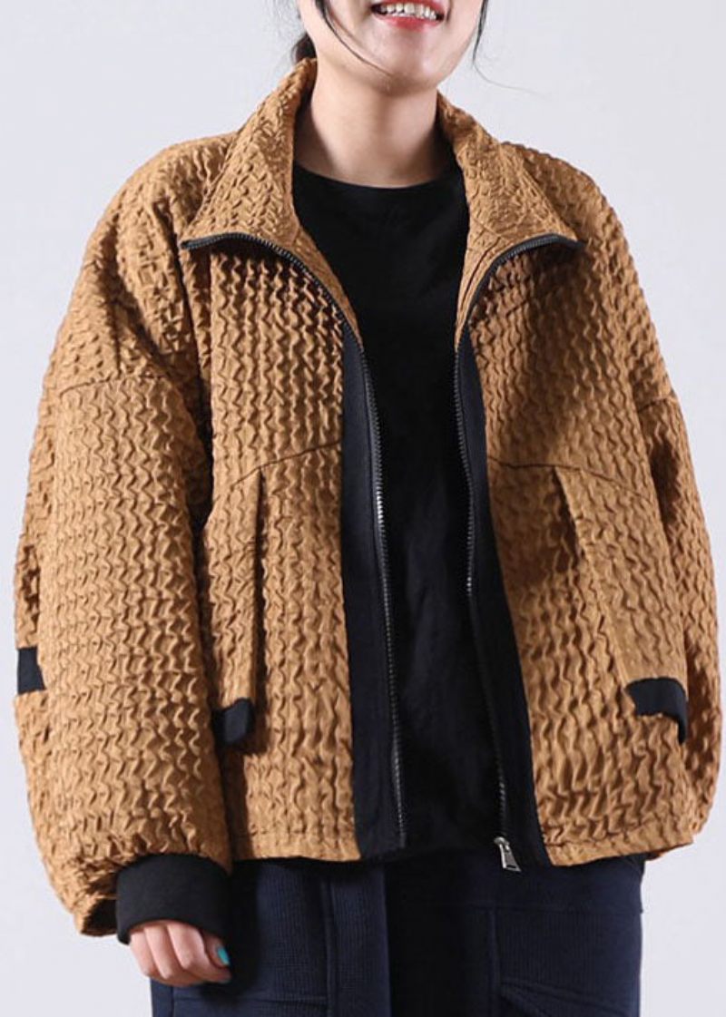 Chokolade Patchwork Corduroy Zip Up Forårsfrakke