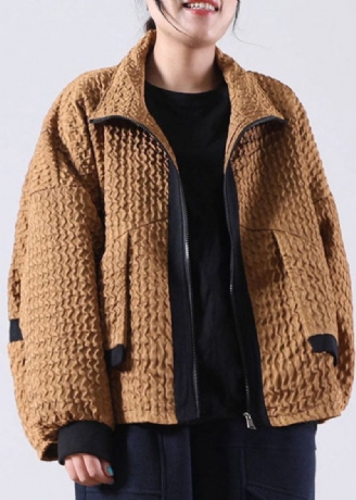 Chokolade Patchwork Corduroy Zip Up Forårsfrakke