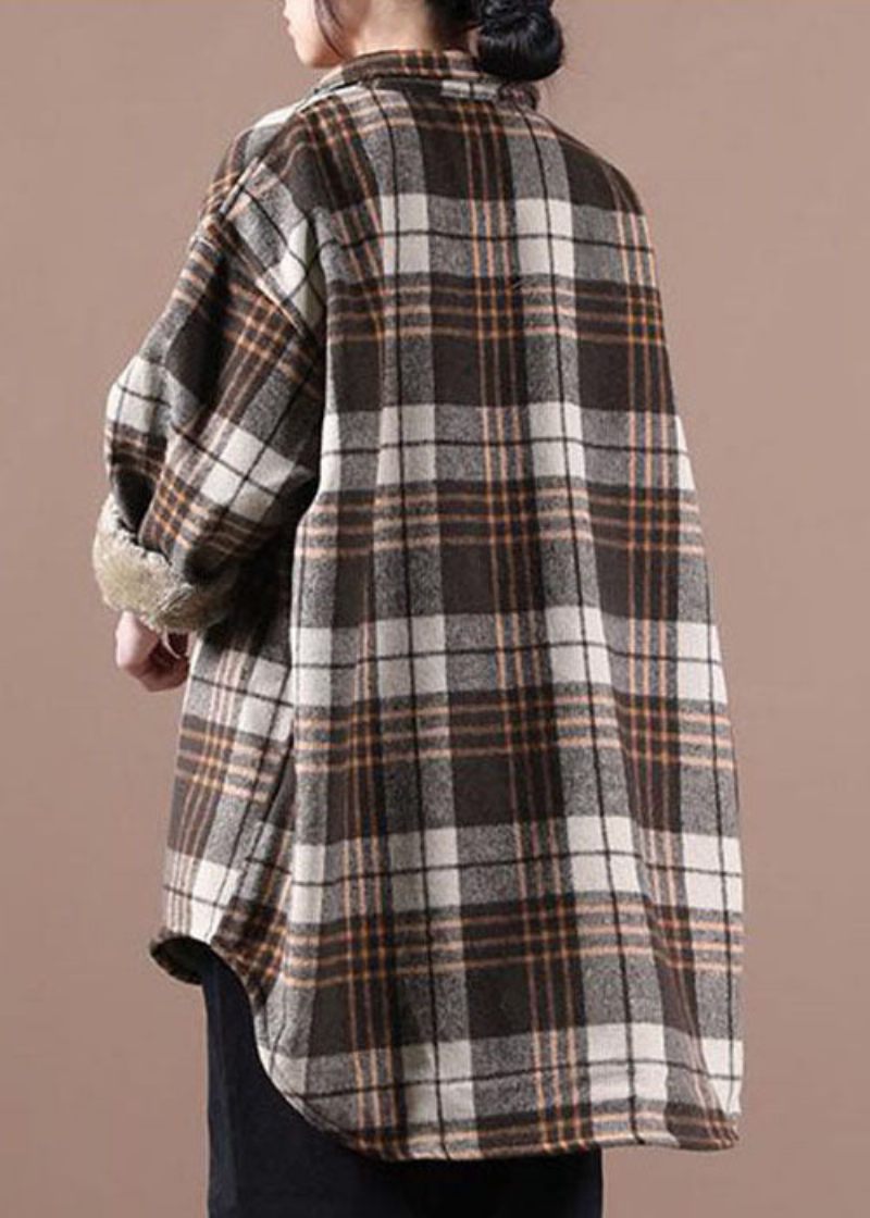 Chokolade Plaid Fleece Uld Foret Outwear Peter Pan Krave Vinter - Sort