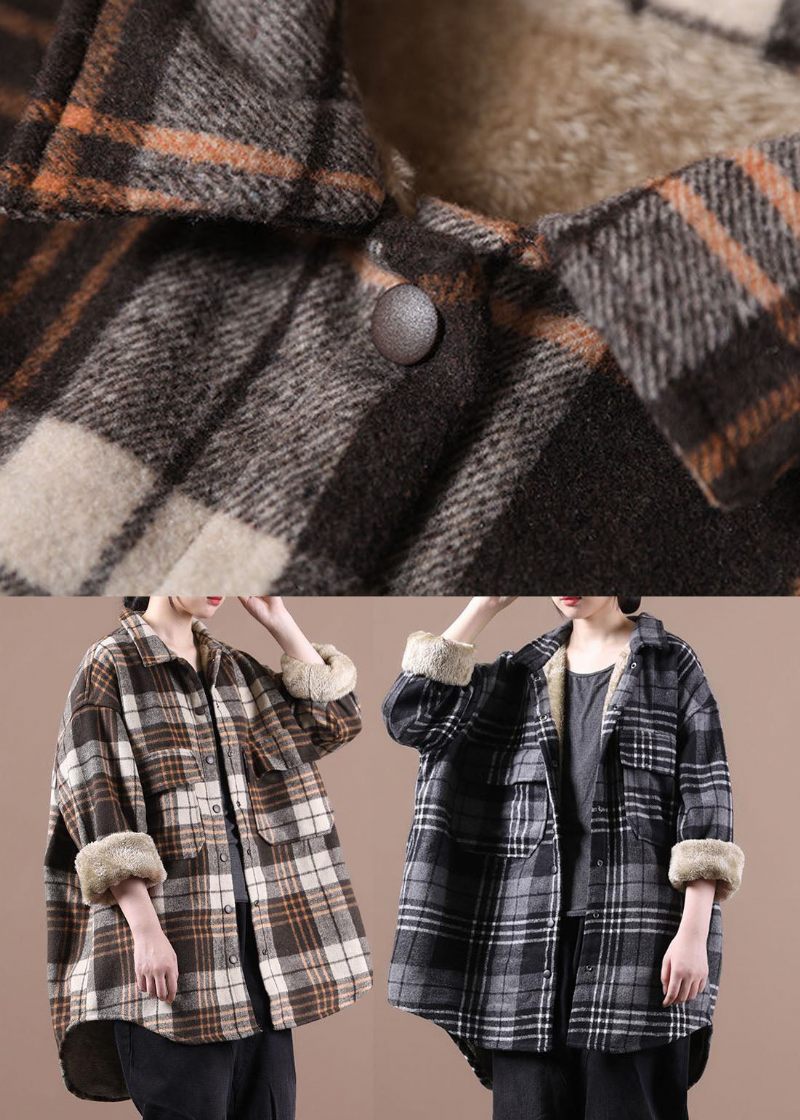 Chokolade Plaid Fleece Uld Foret Outwear Peter Pan Krave Vinter - Sort