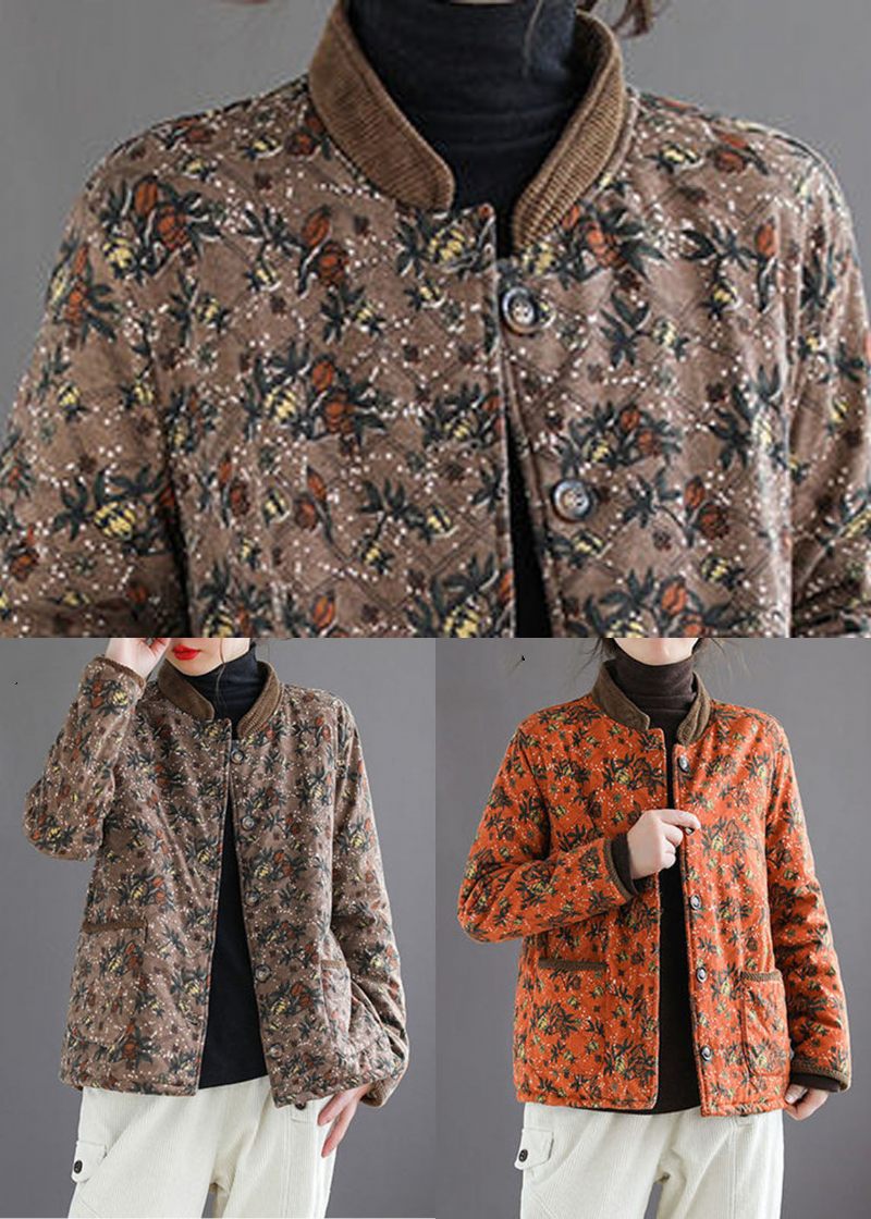 Chokolade Print Varm Fleece Puffers Jakker Stand Krave Vinter - Kaffe