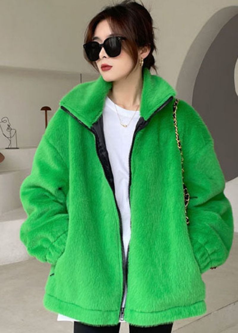 Diy Green Zip Up Mink Fløjl Tyk Vinter Outwear