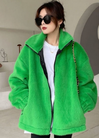 Diy Green Zip Up Mink Fløjl Tyk Vinter Outwear