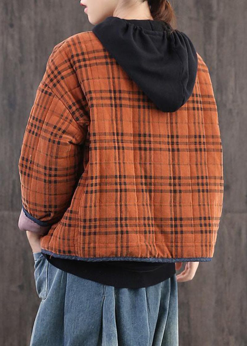 Diy Orange Plaid Patchwork Corduroy Vinterfrakke