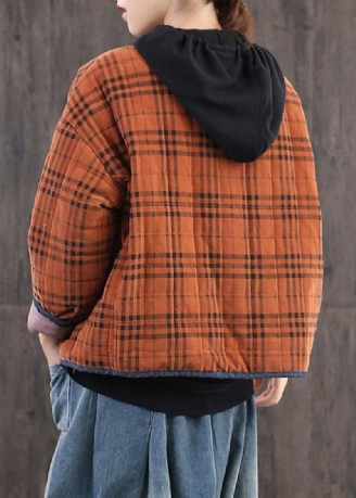 Diy Orange Plaid Patchwork Corduroy Vinterfrakke