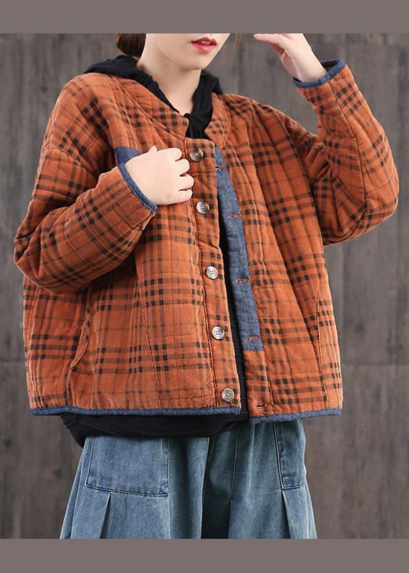 Diy Orange Plaid Patchwork Corduroy Vinterfrakke - Orange