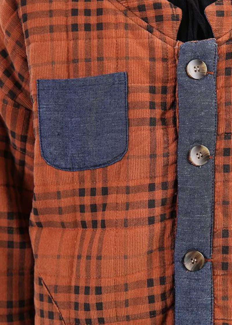 Diy Orange Plaid Patchwork Corduroy Vinterfrakke - Orange