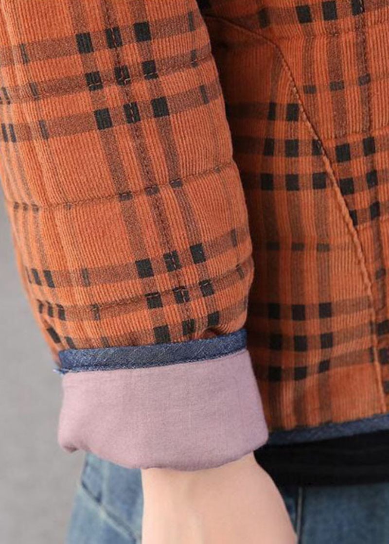 Diy Orange Plaid Patchwork Corduroy Vinterfrakke - Orange