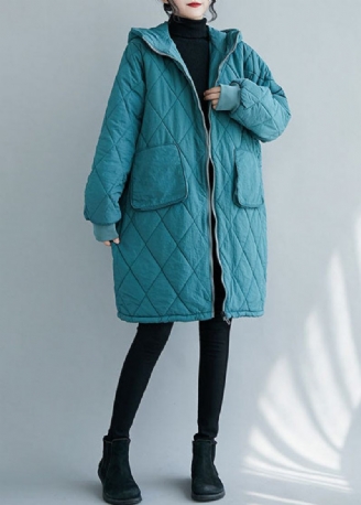 Elegant Blue Zip Up Tyk Fine Bomuld Fyldt Parka Winter