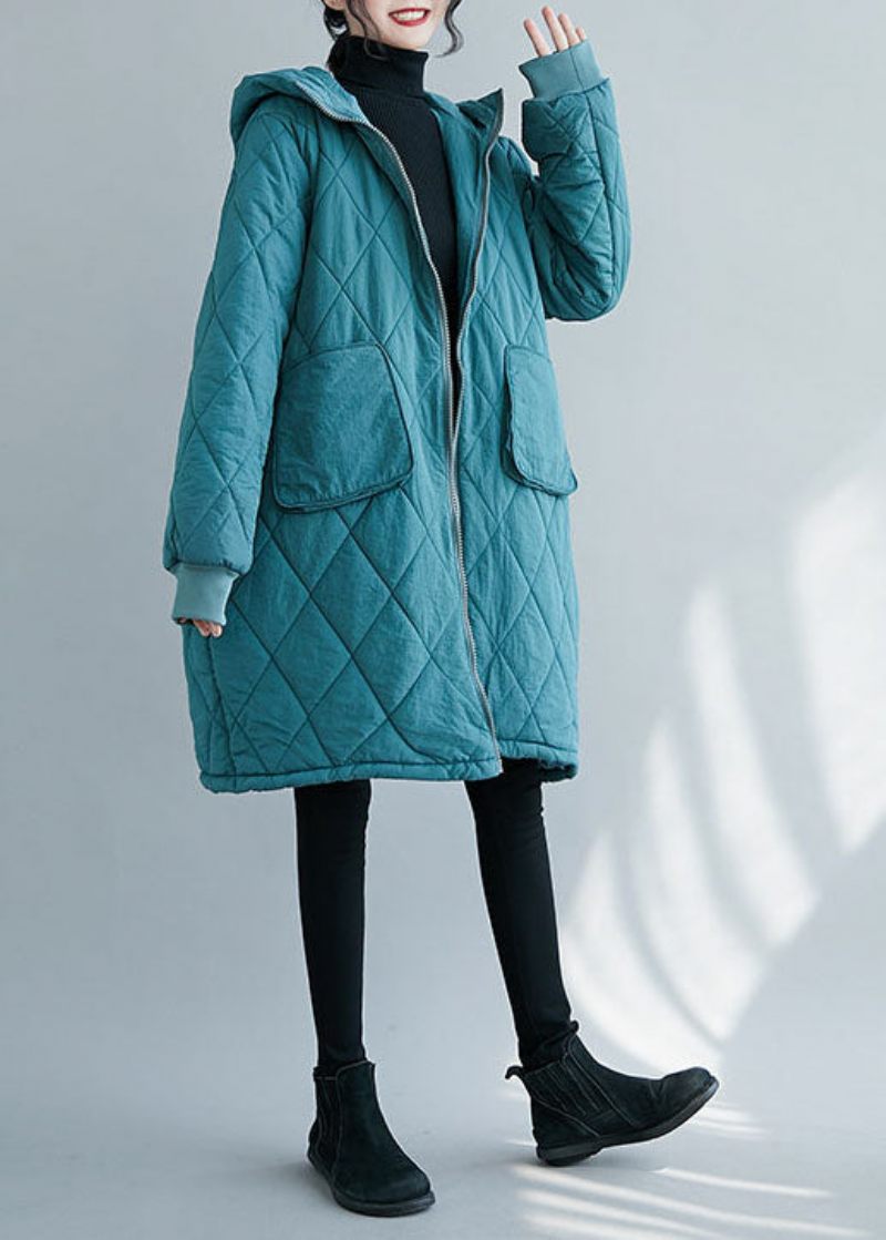 Elegant Blue Zip Up Tyk Fine Bomuld Fyldt Parka Winter - Blå