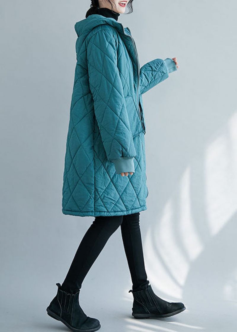 Elegant Blue Zip Up Tyk Fine Bomuld Fyldt Parka Winter - Blå