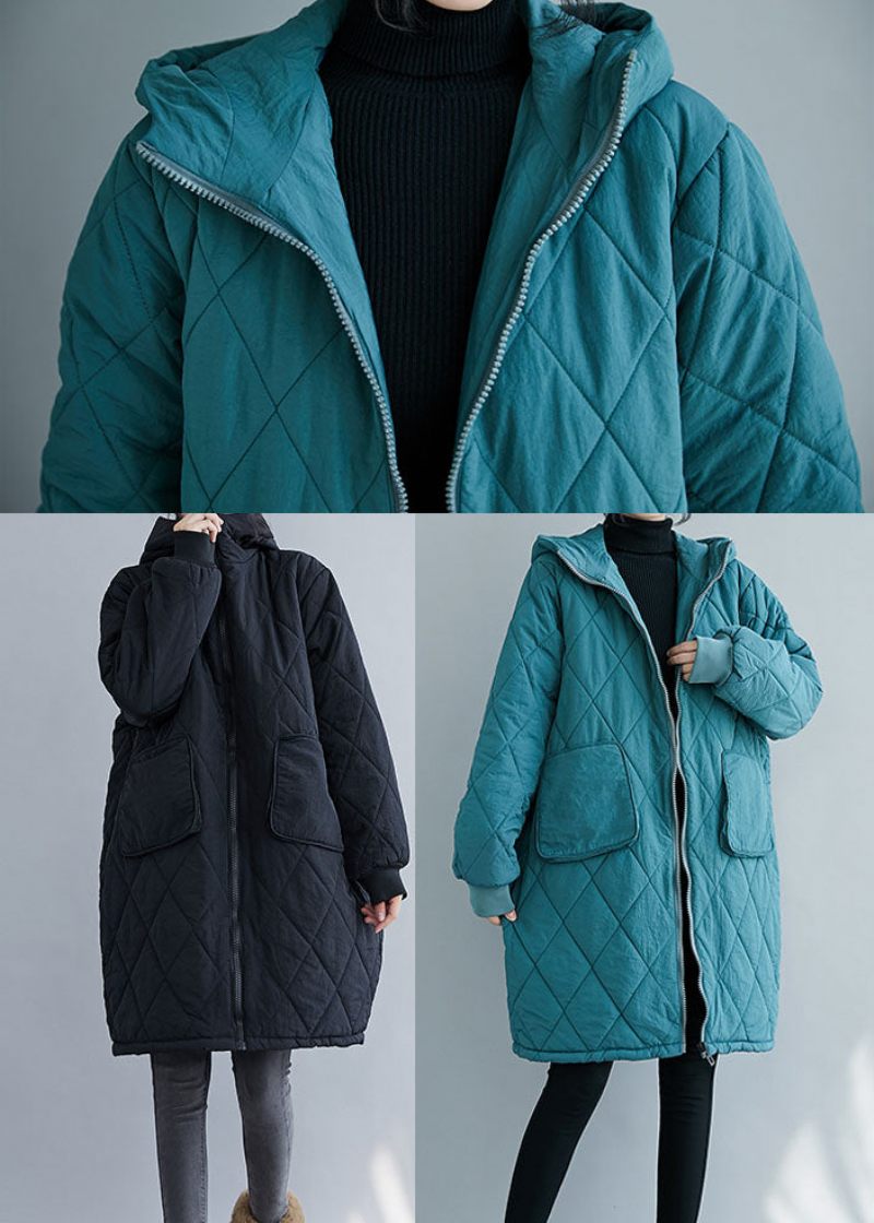 Elegant Blue Zip Up Tyk Fine Bomuld Fyldt Parka Winter - Blå