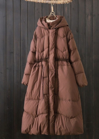 Elegant Brun Hætte Patchwork Lommer Andedun Puffer Vinter