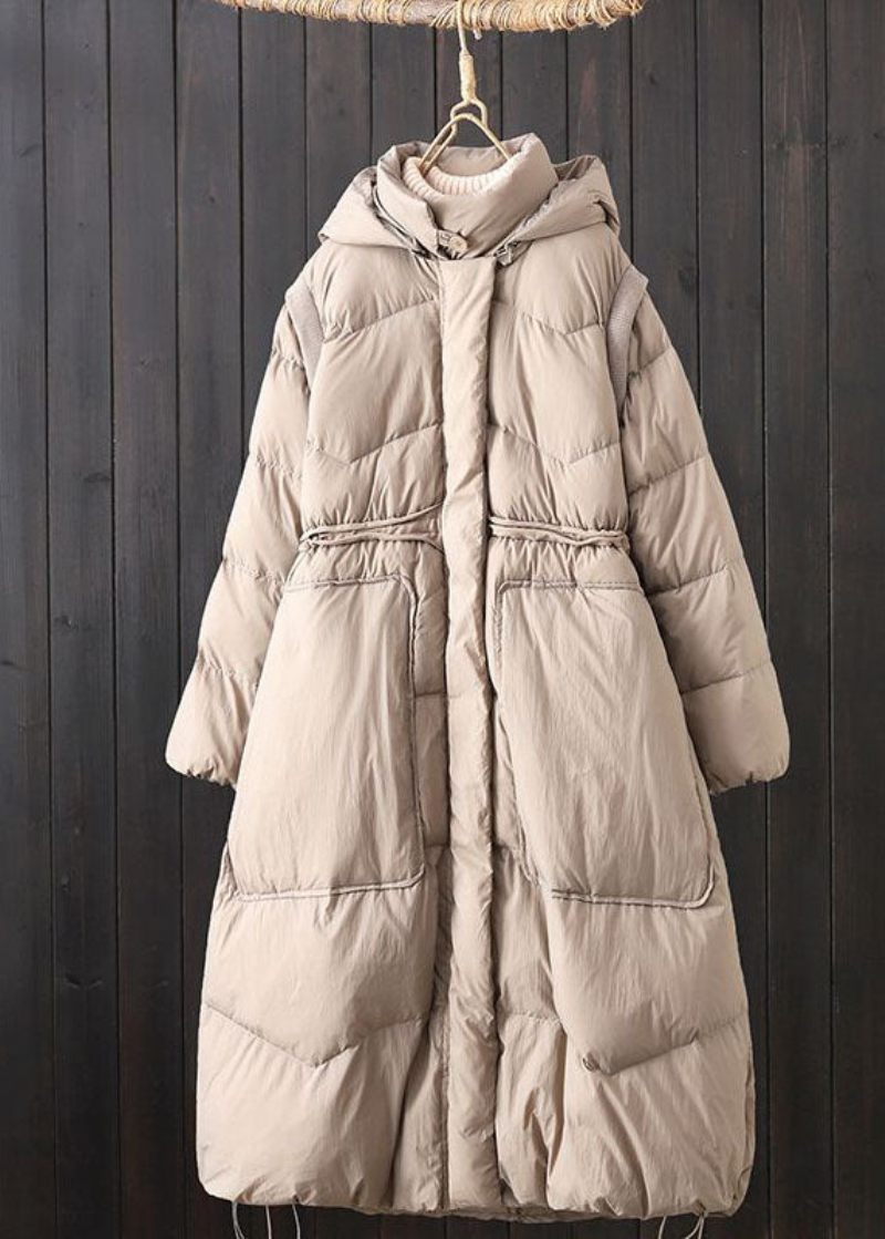 Elegant Brun Hætte Patchwork Lommer Andedun Puffer Vinter - Dame dunjakker