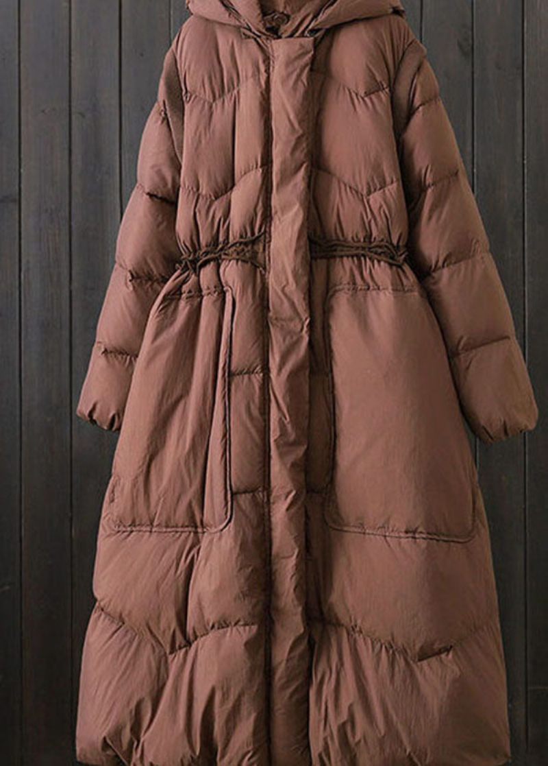 Elegant Brun Hætte Patchwork Lommer Andedun Puffer Vinter - Dame dunjakker