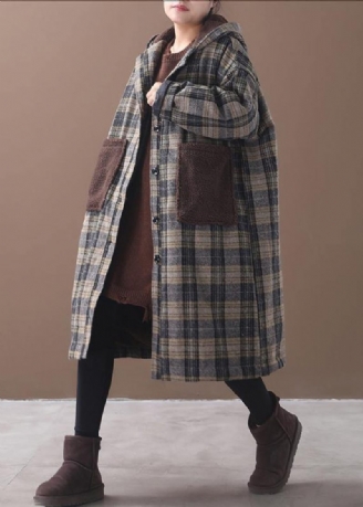 Elegant Gul Plaid Plus Size Lange Frakker Garderobe Patchworklommer Hættefrakke