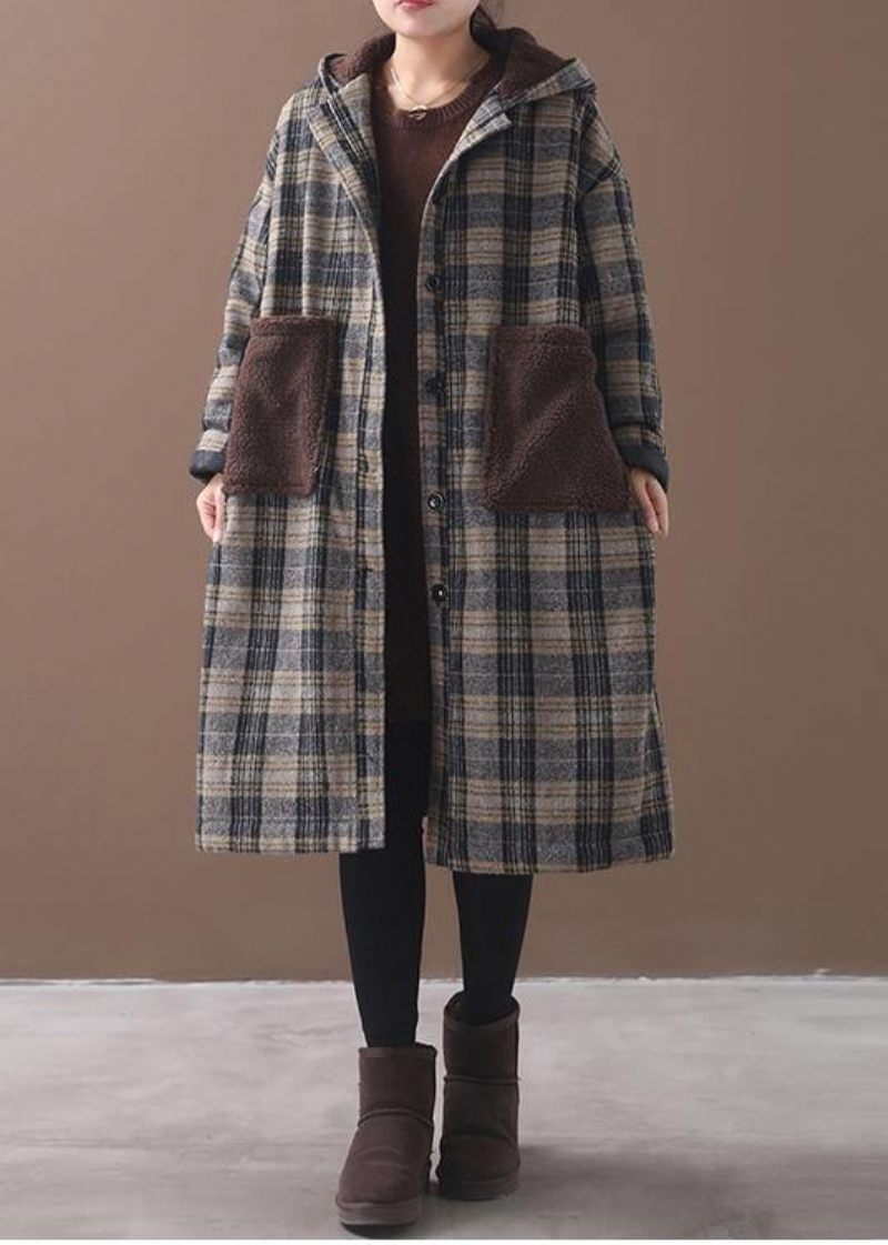 Elegant Gul Plaid Plus Size Lange Frakker Garderobe Patchworklommer Hættefrakke - Dame dunjakker