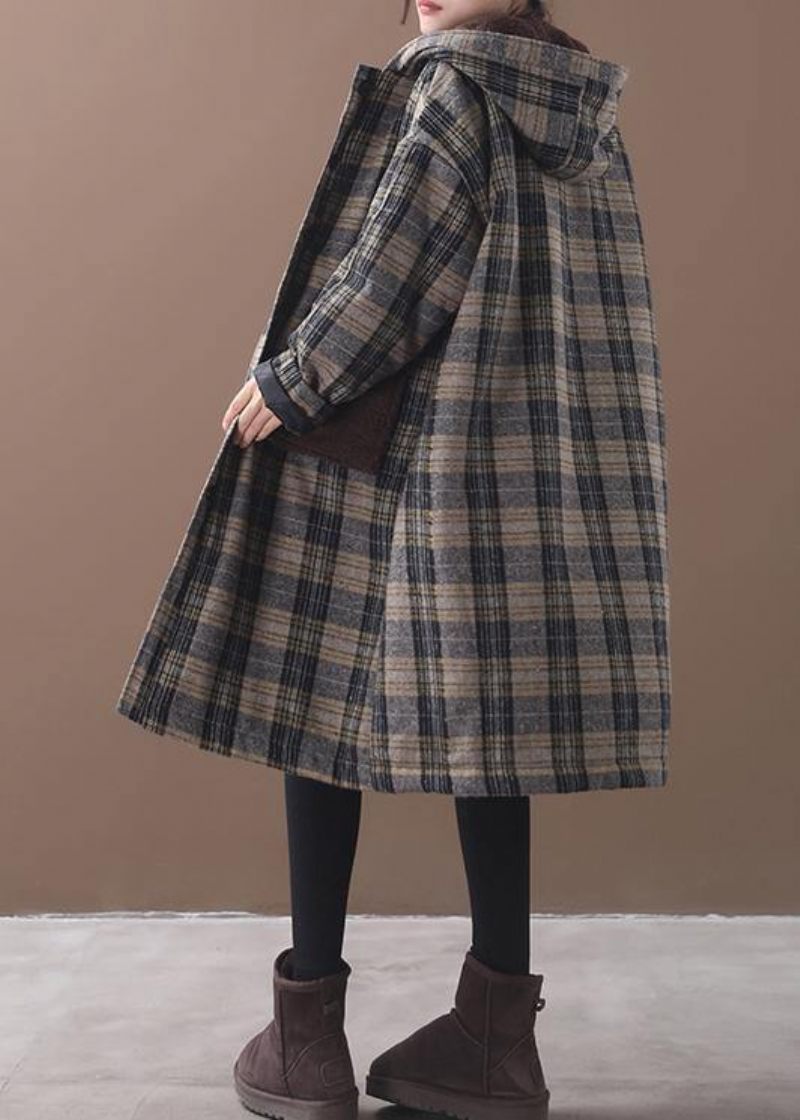 Elegant Gul Plaid Plus Size Lange Frakker Garderobe Patchworklommer Hættefrakke - Dame dunjakker