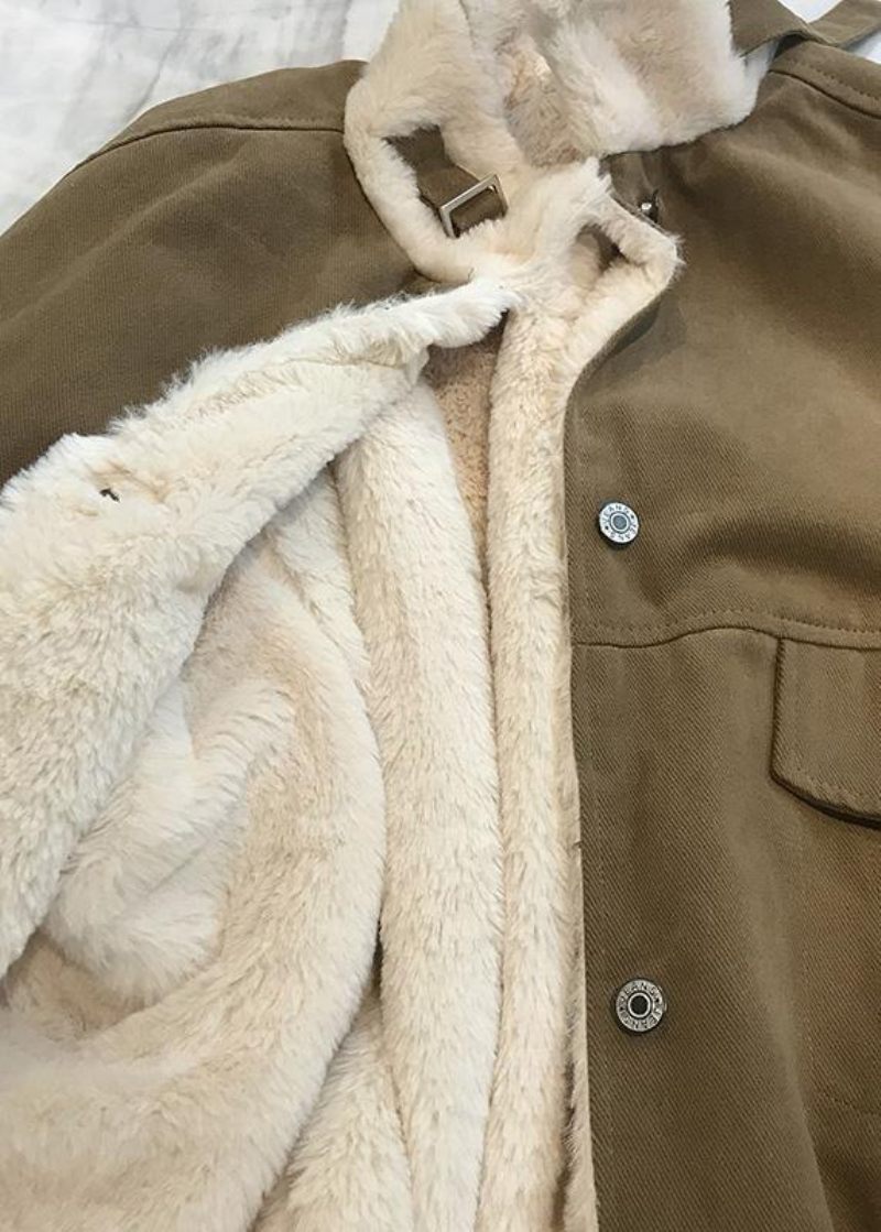 Elegant Khaki Dameparka Løstsiddende Varm Vinterfrakkestativ Krave Tyk - Khaki