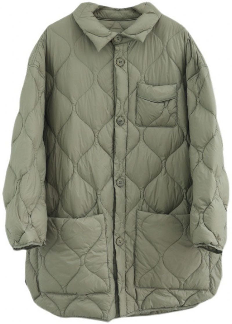 Elegant Khaki Peterpan Krave Lommer Knap Vinter Duck Down Coat - Kaki