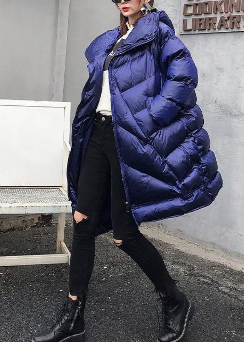 Elegant Plus Size Tøj Vinterfrakker Blå Hætte Med Lynlås Dameparka - Sort