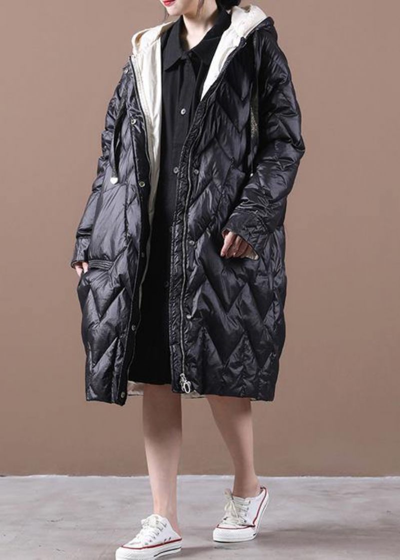 Elegant Sort Andedunsfrakke Trendy Plus Size Dameparka Med Hætte Og Lynlås Varm Overfrakke