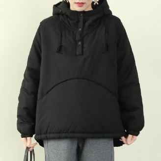 Elegant Sort Dameparka Plus Size Snejakker Frakker Med Hætte Og Snøre