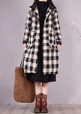 Elegant Sort Plaid Parkaer Til Kvinder Trendy Plus Size Frakker Hættelommer Outwear