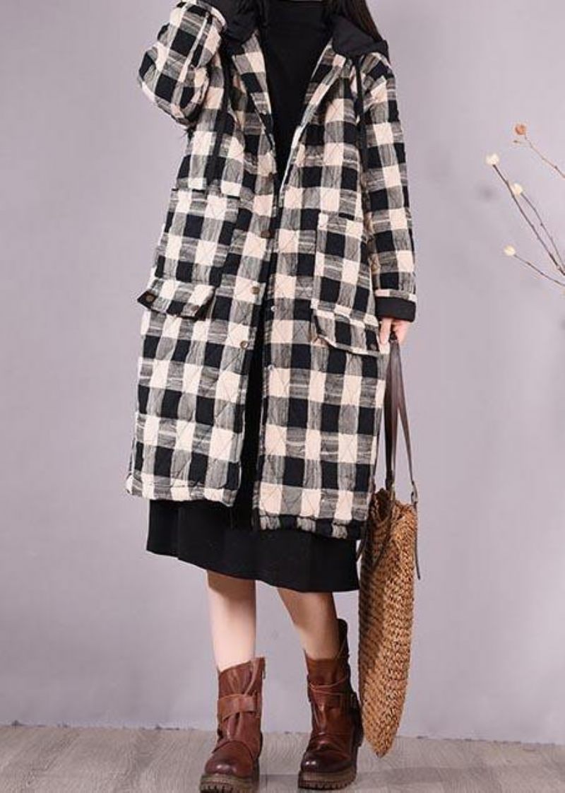 Elegant Sort Plaid Parkaer Til Kvinder Trendy Plus Size Frakker Hættelommer Outwear - Sort