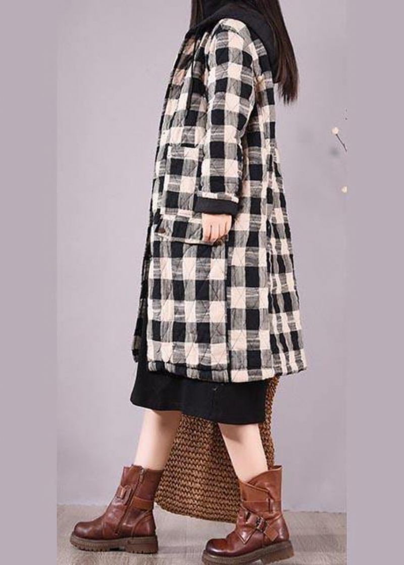 Elegant Sort Plaid Parkaer Til Kvinder Trendy Plus Size Frakker Hættelommer Outwear - Sort