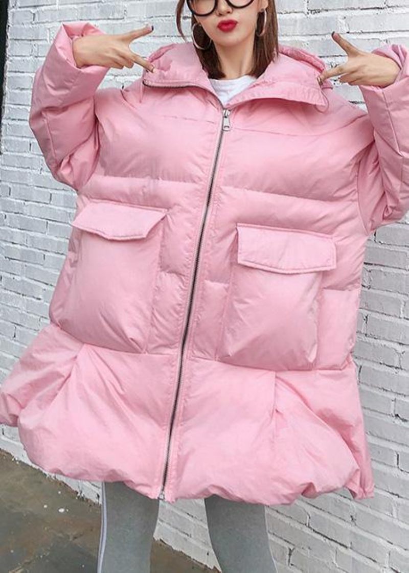 Elegant Trendy Plus Size Jakker Frakker Store Lommer Overtøj Pink Tyk Hætteoverfrakke