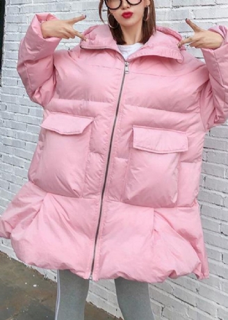 Elegant Trendy Plus Size Jakker Frakker Store Lommer Overtøj Pink Tyk Hætteoverfrakke