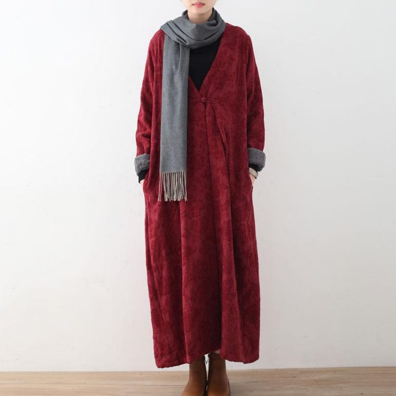 Elegante Bordeaux Bomuldsjakker Casual Maxi Frakke Vintage Trenchcoat Tyk