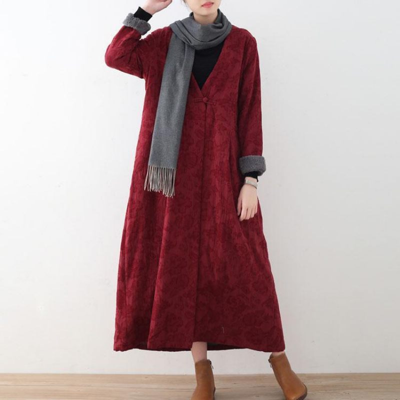 Elegante Bordeaux Bomuldsjakker Casual Maxi Frakke Vintage Trenchcoat Tyk - Bordeaux