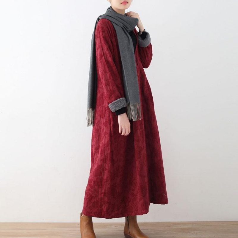 Elegante Bordeaux Bomuldsjakker Casual Maxi Frakke Vintage Trenchcoat Tyk - Bordeaux