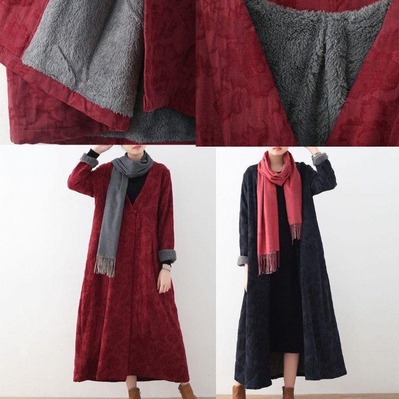 Elegante Bordeaux Bomuldsjakker Casual Maxi Frakke Vintage Trenchcoat Tyk - Bordeaux