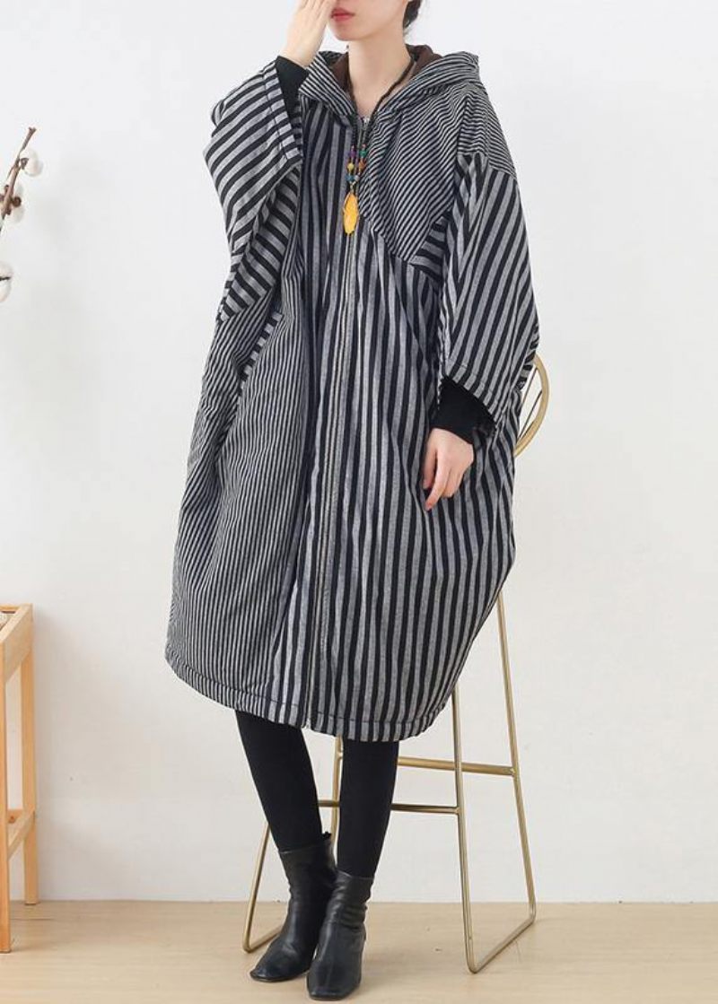 Elegante Gråstribede Damefrakker Oversized Vinter Hætte Patchwork Outwear