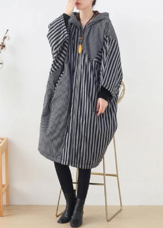 Elegante Gråstribede Damefrakker Oversized Vinter Hætte Patchwork Outwear