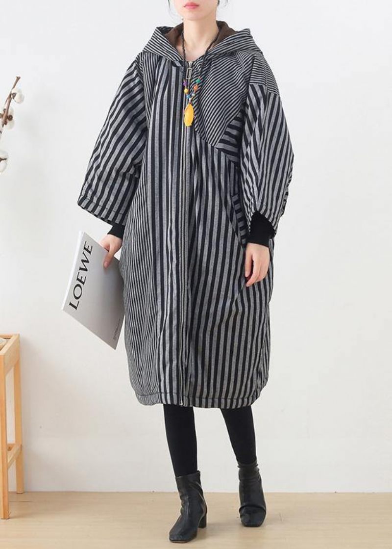 Elegante Gråstribede Damefrakker Oversized Vinter Hætte Patchwork Outwear - Dame dunjakker