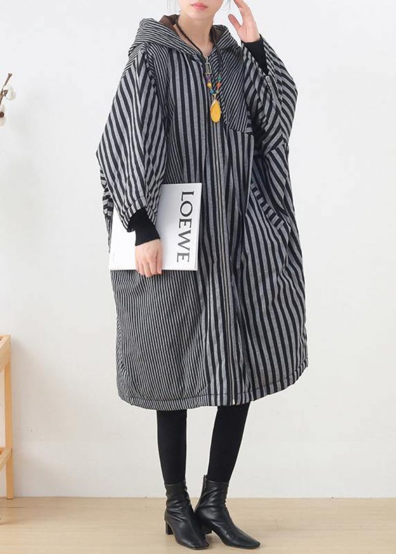 Elegante Gråstribede Damefrakker Oversized Vinter Hætte Patchwork Outwear - Dame dunjakker