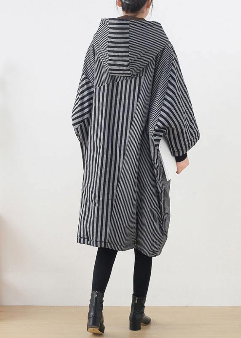 Elegante Gråstribede Damefrakker Oversized Vinter Hætte Patchwork Outwear - Dame dunjakker