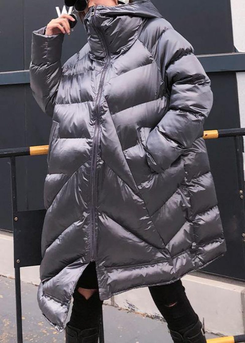 Elegante Sølvgrå Dameparkaer Oversized Varmt Vinter Outwear Hætte Med Lynlås