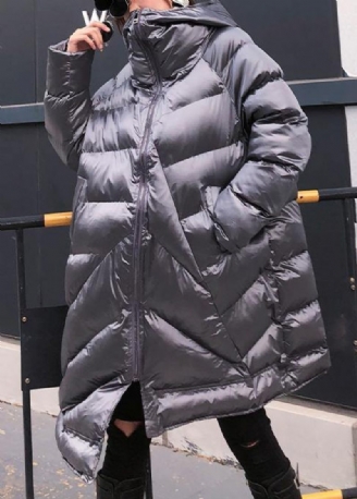 Elegante Sølvgrå Dameparkaer Oversized Varmt Vinter Outwear Hætte Med Lynlås