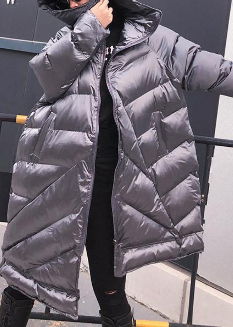 Elegante Sølvgrå Dameparkaer Oversized Varmt Vinter Outwear Hætte Med Lynlås - Sort