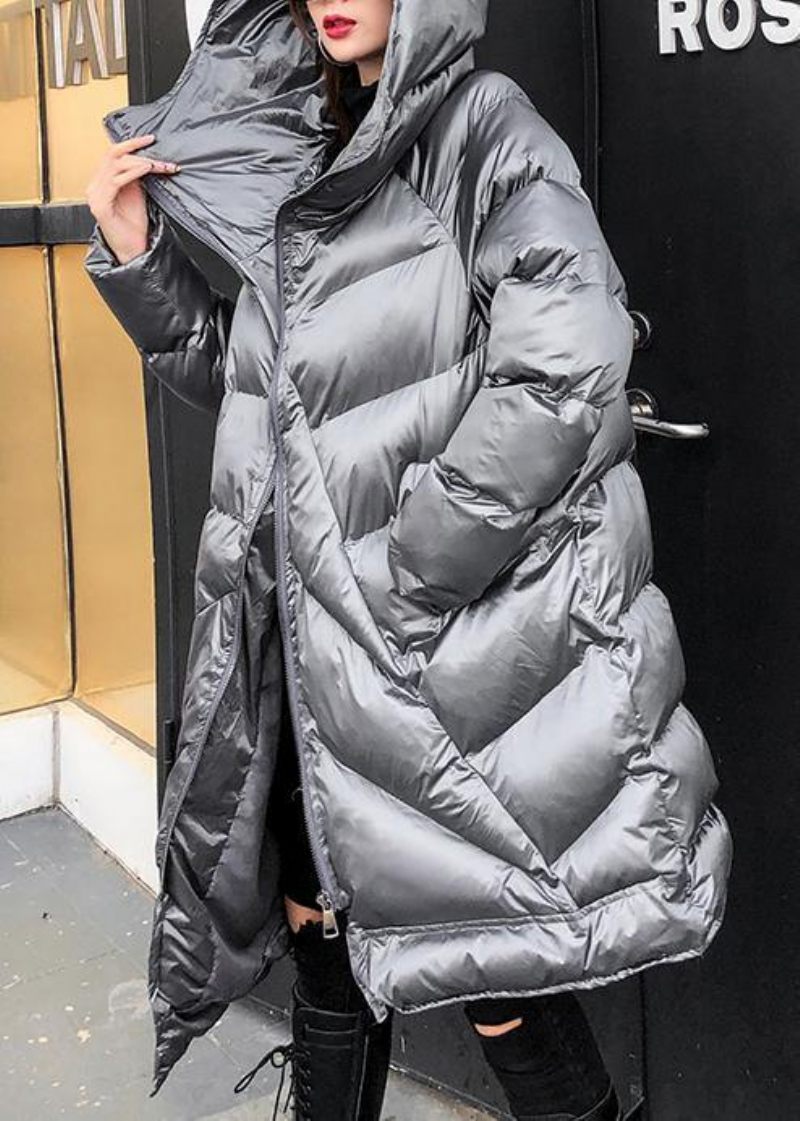 Elegante Sølvgrå Dameparkaer Oversized Varmt Vinter Outwear Hætte Med Lynlås - Sort