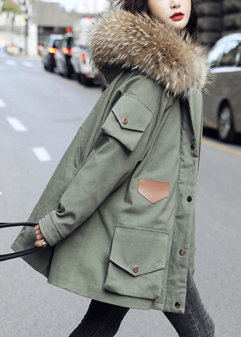 Fashion Army Green Zip Up Pelskrave Duck Down Puffer Parka Jakke Vinter - Dame dunjakker