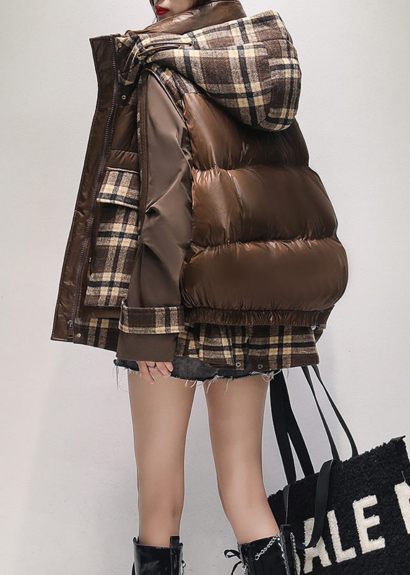 Fashion Coffee Hooded False Two Pieces Duck Down Puffer Jacket Winter