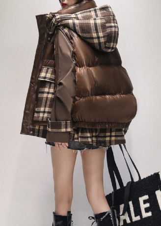 Fashion Coffee Hooded False Two Pieces Duck Down Puffer Jacket Winter