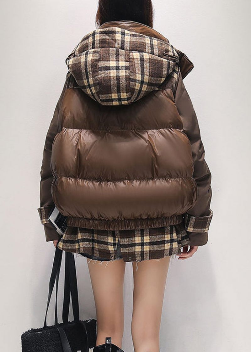 Fashion Coffee Hooded False Two Pieces Duck Down Puffer Jacket Winter - Dame dunjakker